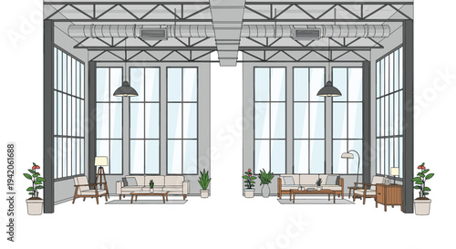 An interior view of a large open-plan industrial-style loft space featuring two distinct seating areas and large grid windows is depicted.