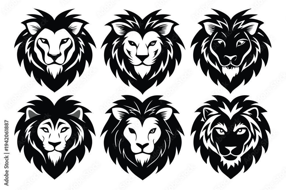 Fototapeta premium set of lion head silhouette line art vector illustration with a white background