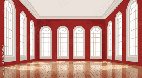 An empty grand room with vibrant red brick walls, a polished wooden floor, and multiple tall arched white windows is depicted.