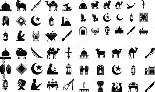 Set of 40 Ramadan icons vector, black illustrations