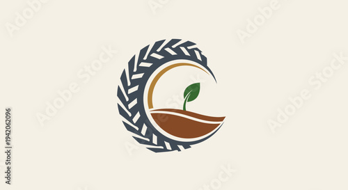 Organic plant sprout in soil with grain arch logo, symbolizing agriculture, growth, and natural farming on a light beige background.