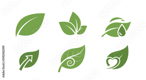 Set of green leaf icons with creative elements like arrow, swirl, and heart, representing growth and eco-friendly concepts, isolated white background.