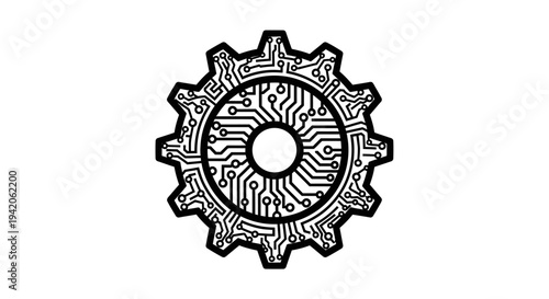 Detailed Outline Circuit Board Gear Icon, symbolizing technological processes and digital mechanisms, on an isolated white background.