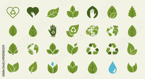Comprehensive Eco and Nature Green Icons Set with Leaves, Recycle Symbol, Water Drop, and Hand, on a light background.