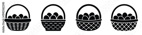 Easter Basket Vector Silhouette Set – Decorative Wicker Baskets Filled with Eggs, Spring Holiday Symbol, Black and White Easter Egg Basket Illustration for Celebration and Festive Design