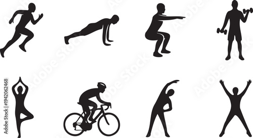  Workout Exercise Silhouette Icons Set, Gym Training Fitness Activity Collection