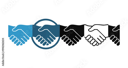 Collection of handshake icons in blue and black depicting various styles of agreement