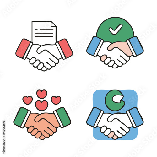 Diverse set of handshake icons featuring contract, checkmark, hearts, and dollar sign