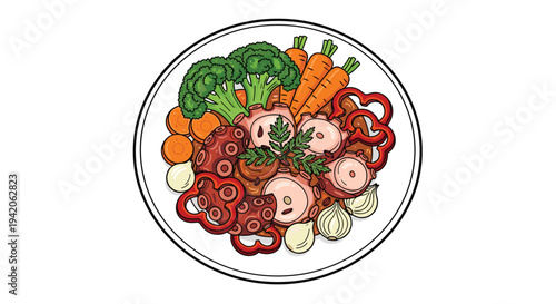A circular white plate is presented from a top-down perspective, showcasing a colorful arrangement of cooked octopus, fresh vegetables, and herbs on a pristine white surface.