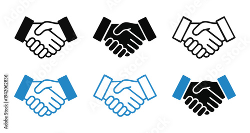 Multiple handshake icons in black blue and outline styles representing agreement and partnership