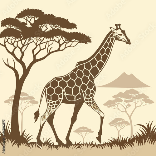 Giraffe walking under acacia tree in savannah landscape