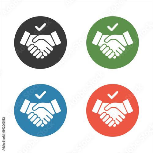 Set of handshake icons in colorful circles with check marks representing successful deal agreement