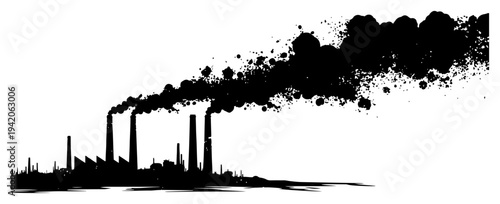Industrial landscape silhouette of factory chimneys emitting thick clouds of black smoke in minimalist vector style