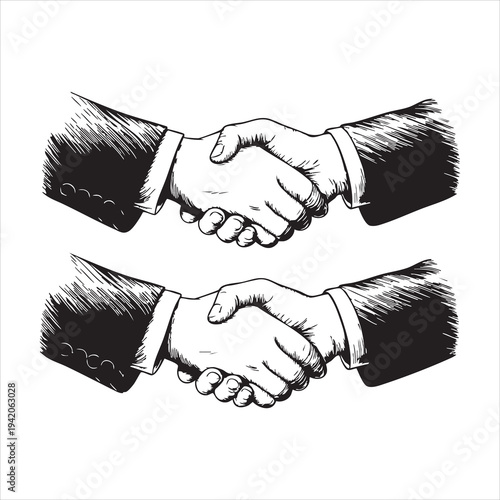 Vintage style hand drawn sketches of business handshakes with detailed hatching and suit textures