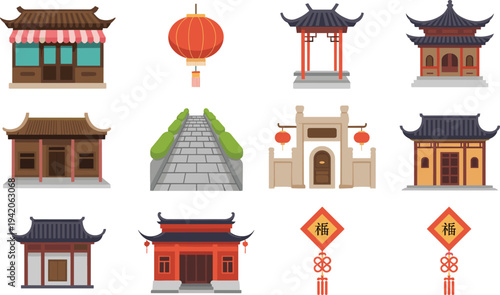 Chinese architecture and culture icon set, traditional temple gate lantern shop and festival decoration symbols isolated illustration
