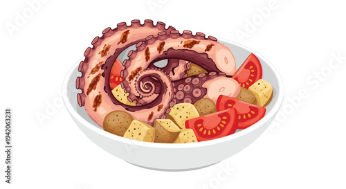 A large, grilled octopus tentacle is artfully coiled inside a pristine white bowl, accompanied by diced potatoes and vibrant red tomato wedges, resting on a clean white backdrop.
