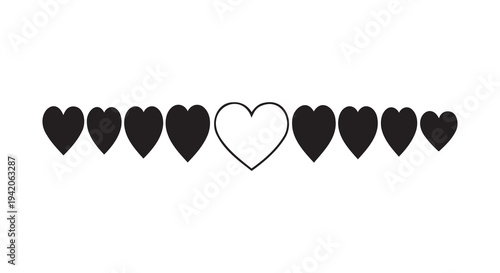 Heart symbols in a row with one outlined heart, vector illustration