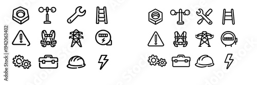 Set of industrial electricity and maintenance icons including power pylon hard hat wrench and safety equipment on white background