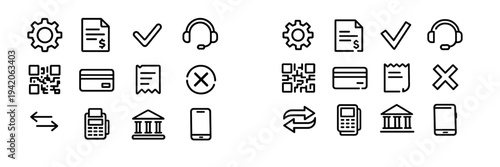 Financial and banking line icons including credit card bank terminal smartphone and qr code for business transactions and online payments