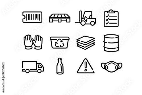 Logistics and warehouse management icons including forklift pallet delivery truck barcode and safety equipment for industrial storage