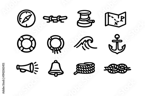 Nautical and maritime icons set including anchor compass lifebuoy map rope and wave for sea travel and sailing design elements