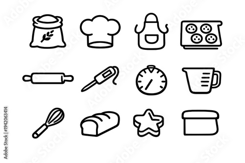 Collection of baking and cooking line icons including chef hat rolling pin whisk flour sack and kitchen tools on white background