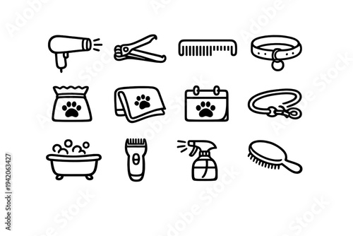 Pet grooming and care icon set featuring tools like hair dryer, comb, brush, bathtub, and collar for dogs and cats in a minimalist line art