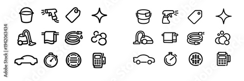 Car wash and detailing service line icons featuring bucket vacuum cleaner spray gun hose towel and payment terminal on white background