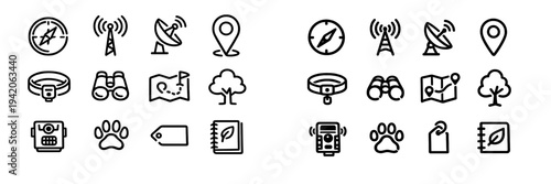 Wildlife tracking and nature exploration line icon set featuring compass binoculars map paw print and satellite dish symbols