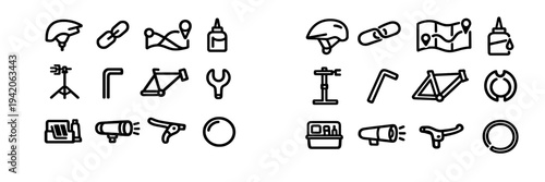 Bicycle repair and maintenance icon set featuring tools helmet chain map lubricant frame wrench light and brake lever on white background