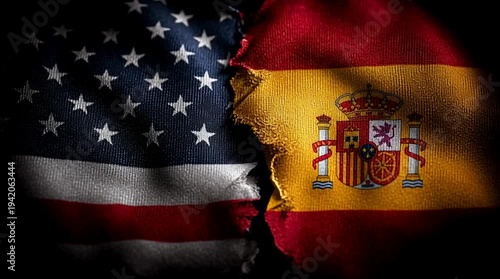 Torn flags of the USA and Spain symbolize international relations and geopolitical tension. The flags are partially ripped, showcasing their colors and emblems.
