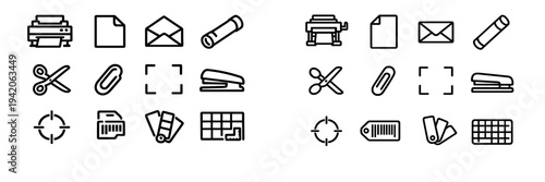 Set of and printing line icons including printer scissors paperclip stapler envelope and color swatches for graphic design projects