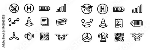 Logistics and drone delivery line icon set featuring battery status signal strength barcode tag and qr code symbols on white background
