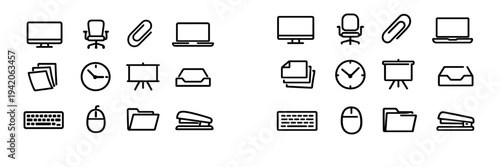 Minimalist and business supply icons including computer monitor laptop keyboard mouse chair clock folder and stapler on white background