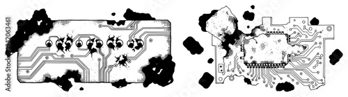 Illustrative technical sketch of damaged electronic circuit boards with burn marks and holes