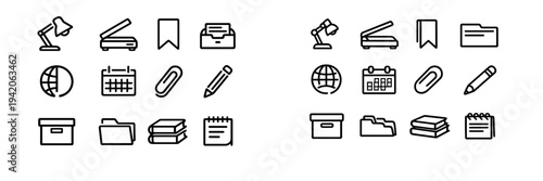 Stationery and supplies line icons set including desk lamp scanner bookmark calendar paperclip pencil folder books and notepad