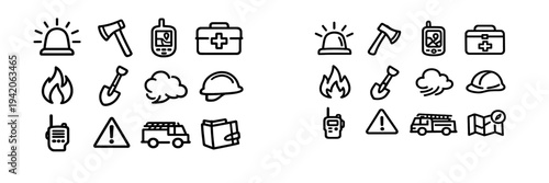 Firefighter and emergency rescue service line icons including fire truck helmet axe first aid kit and siren on white background