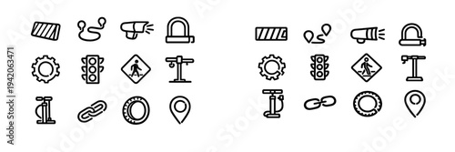 Set of bicycle and traffic safety line icons including lock pump traffic light and navigation symbols on white background