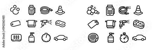 Professional car wash and detailing service icons with sponge soap bubbles hose spray gun and payment terminal on white background