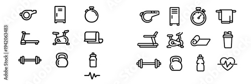 Set of gym and fitness equipment icons including treadmill barbell kettlebell stopwatch and water bottle for workout tracking