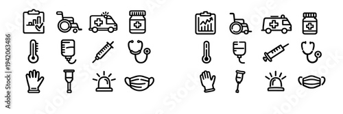 Medical and healthcare icon set featuring ambulance wheelchair stethoscope syringe and face mask for hospital and clinic services