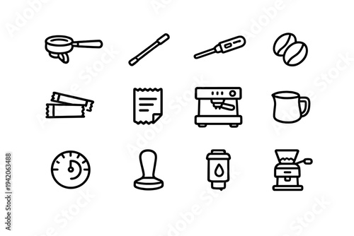 Professional barista equipment and coffee making tools icons set including espresso machine portafilter tamper and beans