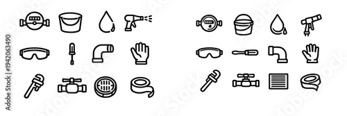 Plumbing and home repair service icons set featuring water meter pipe wrench valve and tools for maintenance and construction work