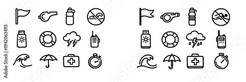 Lifeguard and beach safety line icon set featuring whistle lifebuoy first aid kit sunscreen and weather warning symbols on white background