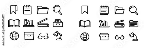 Collection of minimalist black line icons for library and education featuring books folders magnifying glass globe and desk lamp