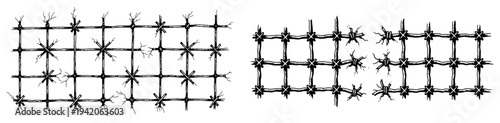 Barb wire fence fragments with sharp spikes and metal wire texture in hand drawn vector illustration
