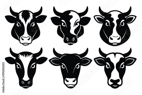 set of cow head silhouette line art vector illustration with a white background