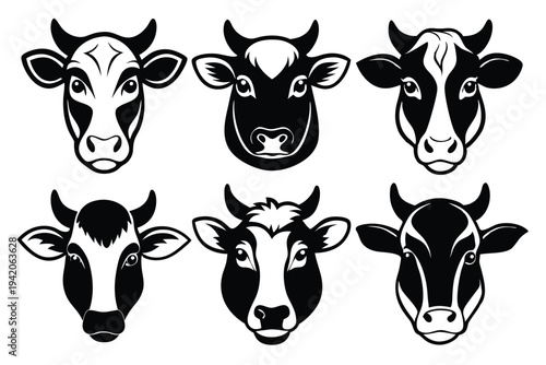 set of cow head silhouette line art vector illustration with a white background