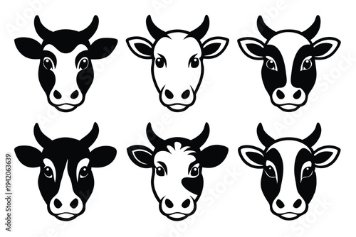 set of cow head silhouette line art vector illustration with a white background