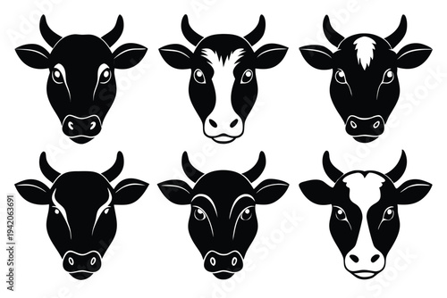 set of cow head silhouette line art vector illustration with a white background